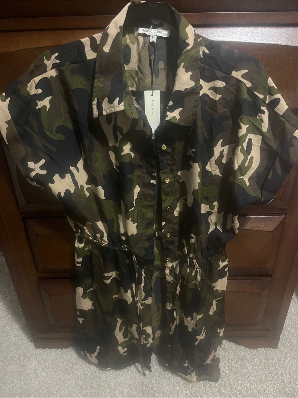 Speed Limit Camo Button-Front Drawstring Blouse - Olive Green & Black